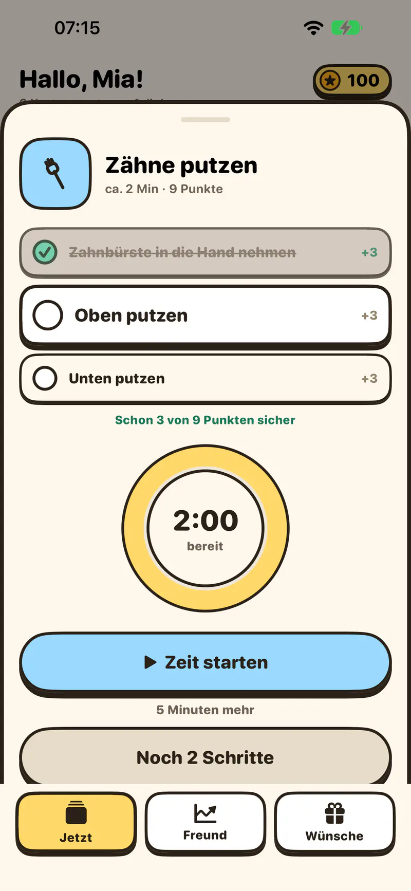 Geöffnete Karte „Zähne putzen“ mit drei Schritten, der erste ist abgehakt, Punkte je Schritt