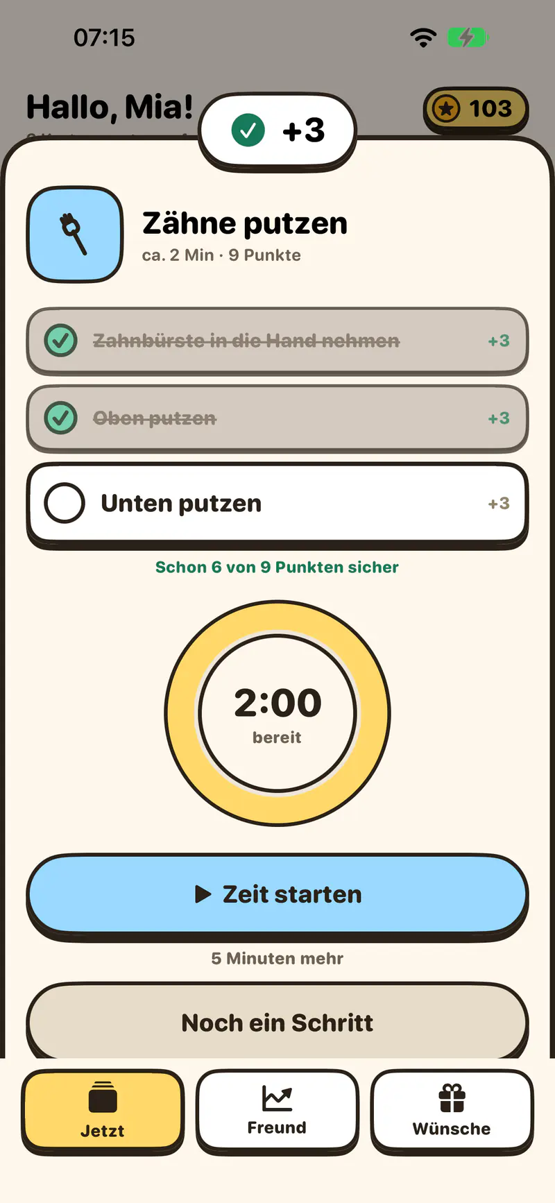 „+3“ direkt nach einem erledigten Schritt, der Punktestand steigt
