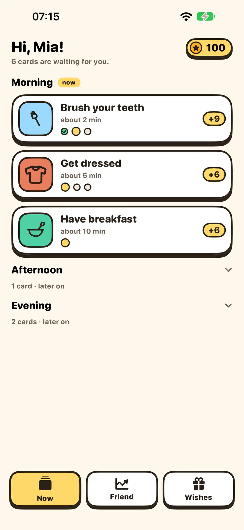 Child view in the morning, the card "Brush your teeth" at the top, then getting dressed and breakfast, the points in the top right