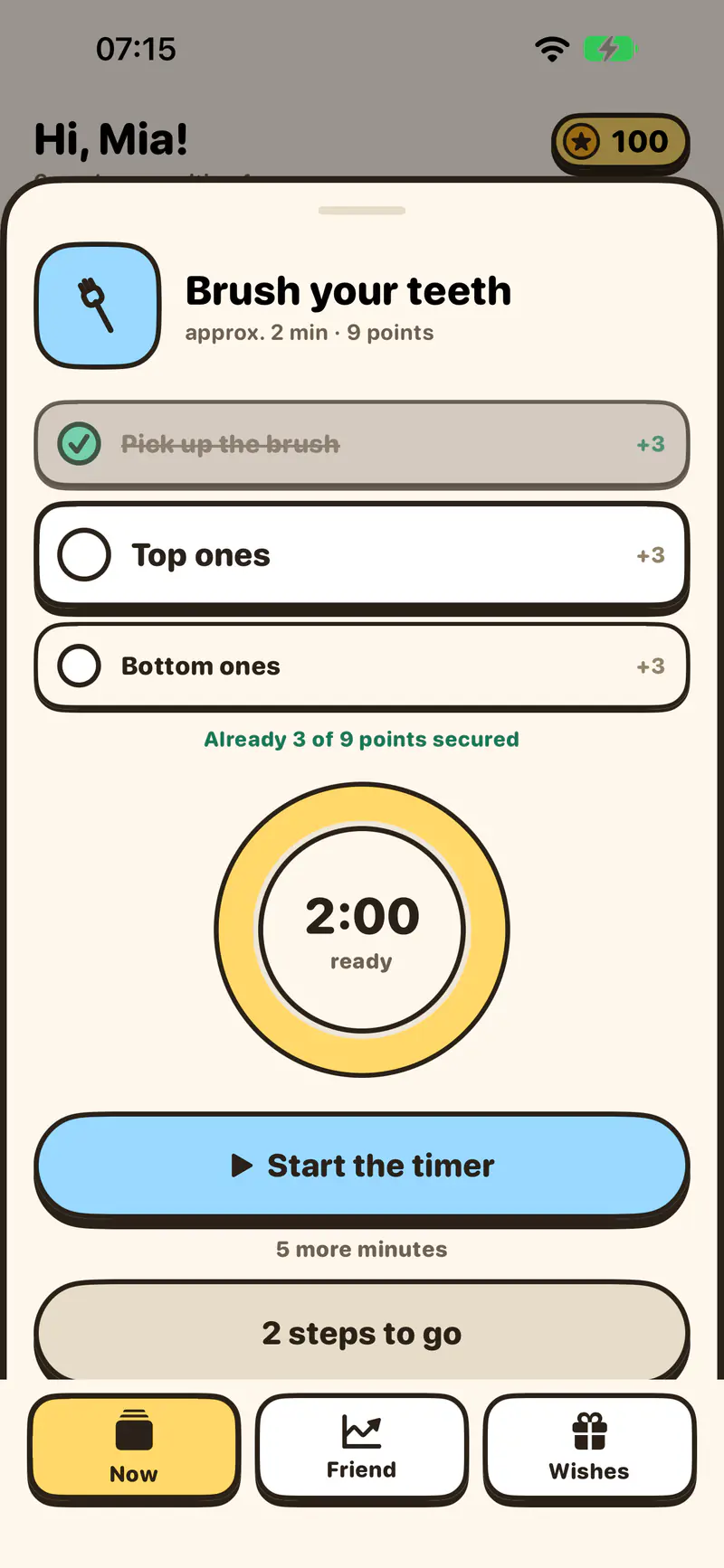 Open card "Brush your teeth" with three steps, the first one checked off, points for each step