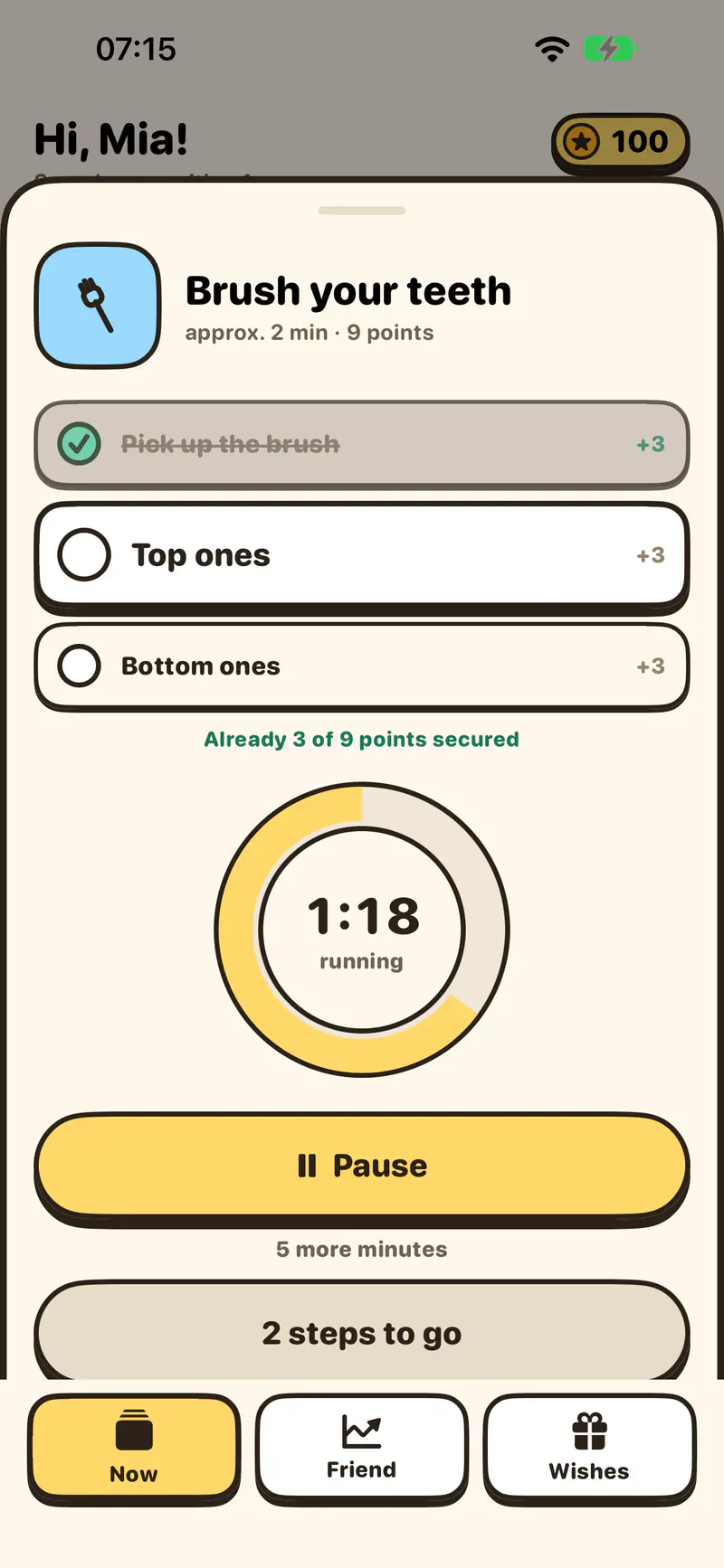 Running timer: the ring has shrunk by about a third and shows the time left