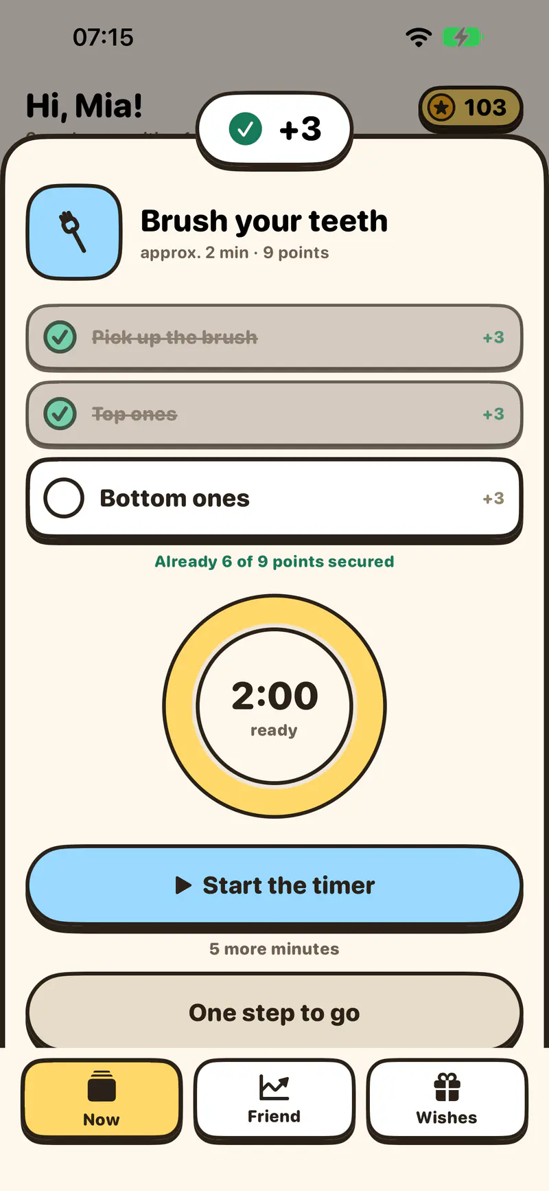 "+3" right after a finished step, the points total goes up