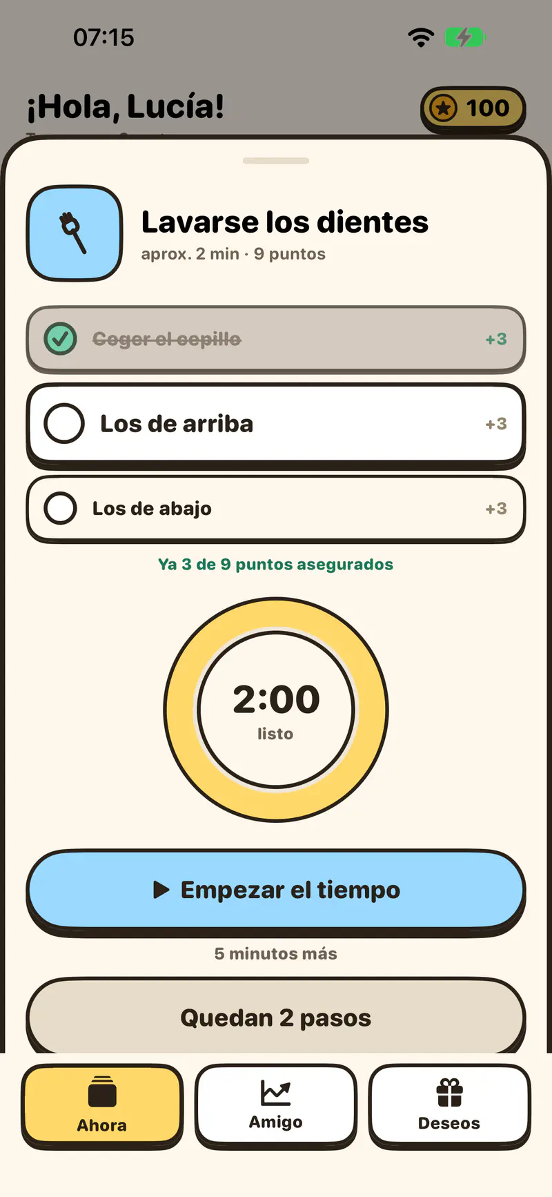 Carta abierta «Lavarse los dientes» con tres pasos, el primero marcado, puntos en cada paso