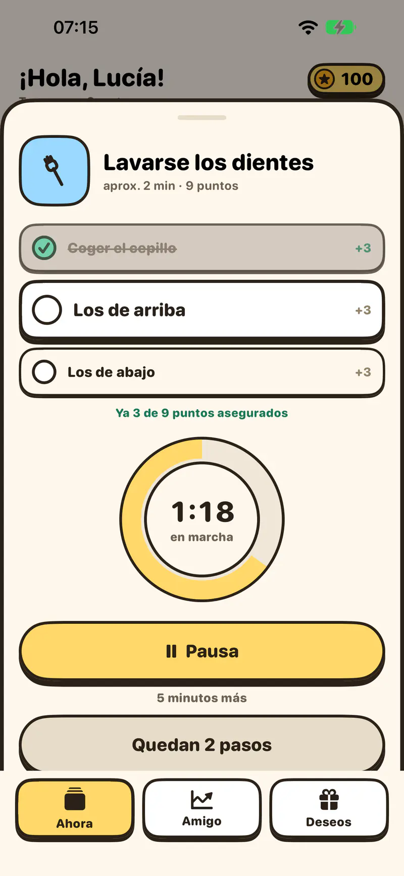 Temporizador en marcha: el anillo se ha encogido cerca de un tercio y muestra el tiempo que queda
