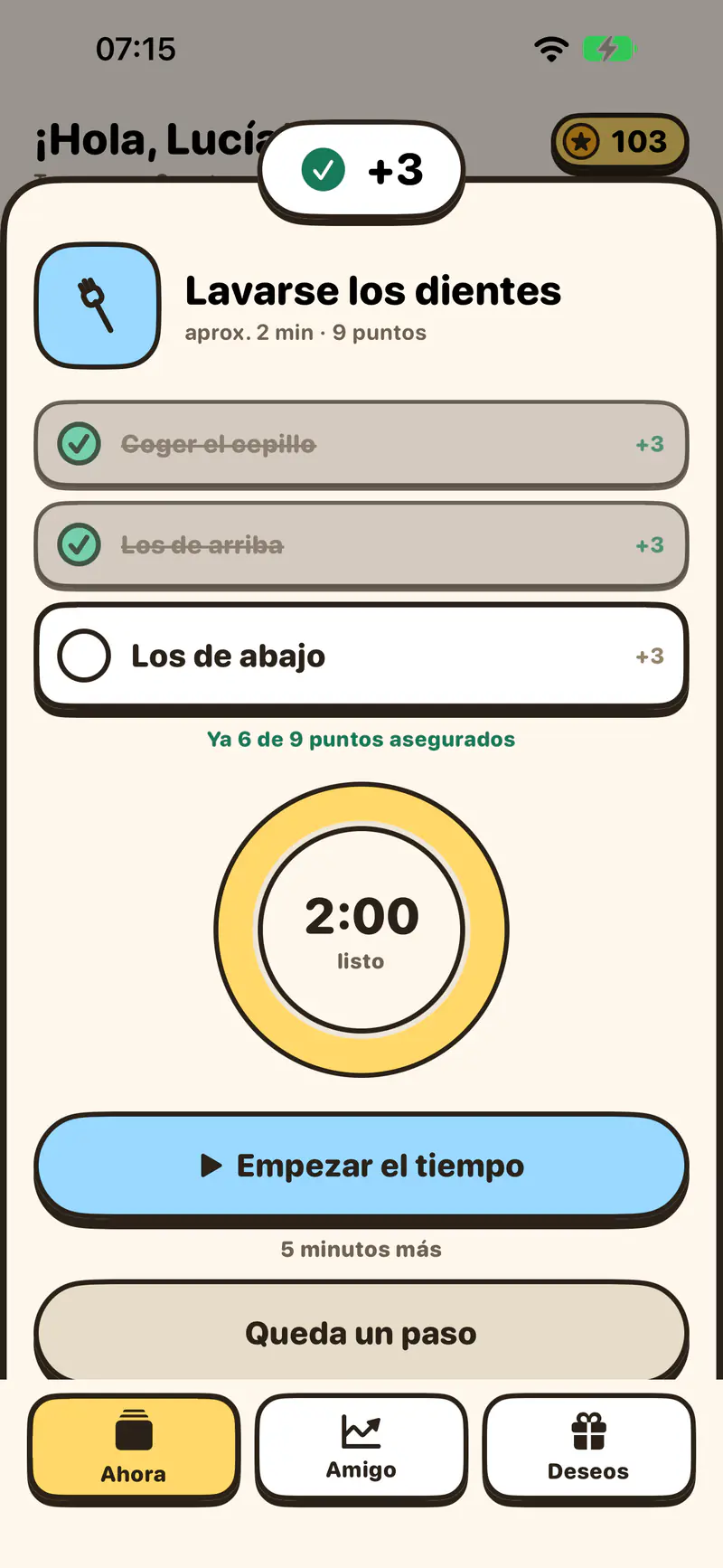 «+3» justo después de un paso terminado, los puntos suben