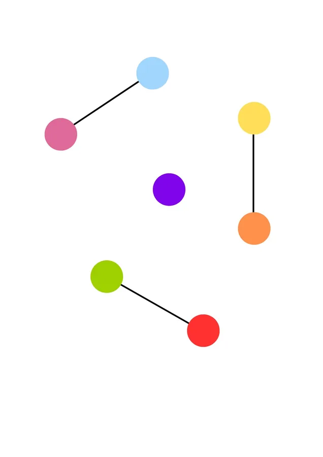 Three short pairs: pink with light blue, yellow with orange, green with red.