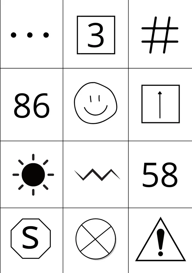 Sheet 2: twelve different symbols. Six of them also appear on sheet 1.